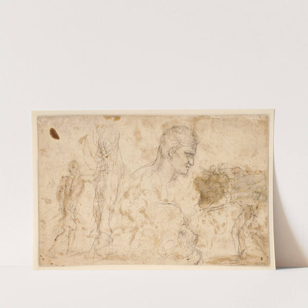 Studier af figurer og hoveder; figurerne yderst til venstre og højre er optegnet fra papirets forside by Giovanni Angelo Canini