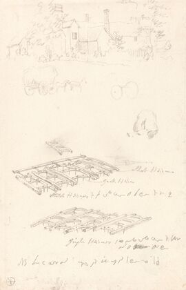 Studies of a Farmhouse, Covered Wagon, and Harrows