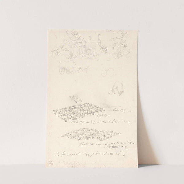 Studies of a Farmhouse, Covered Wagon, and Harrows by Robert Hills