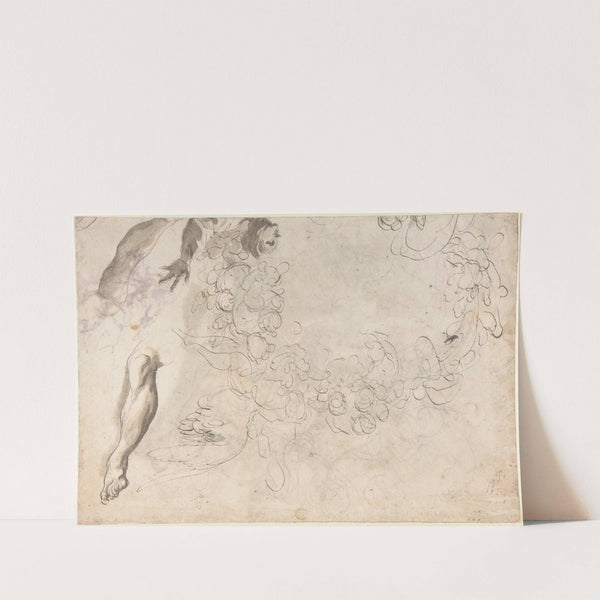 Studies of a Figure with Left Arm Upraised, a Leg, and Putti with Foliage by Paolo Pagani