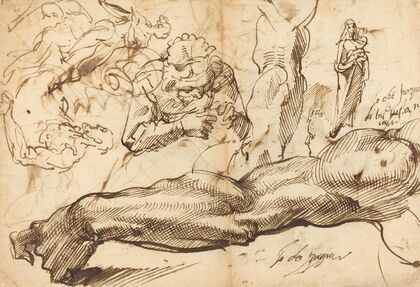 Studies of a Left Arm, a Young Woman, a Madonna and Child, a Face in Profile and Nude Figures