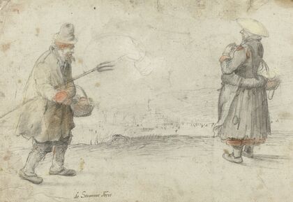 Studies of a Man and a Woman Standing on the Bank of a Frozen River, with a Town in the Distance