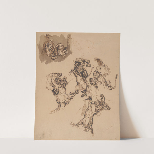 Studies of a Rearing Horse Attacked by a Lion and a Lion Wrestling with a Serpent (1830s) by Eugène Delacroix