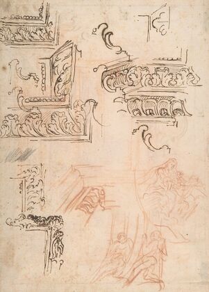 Studies of Architectural Moldings, of the Virgin and Child with a Kneeling Saint, and of Two Angels Supporting Frames