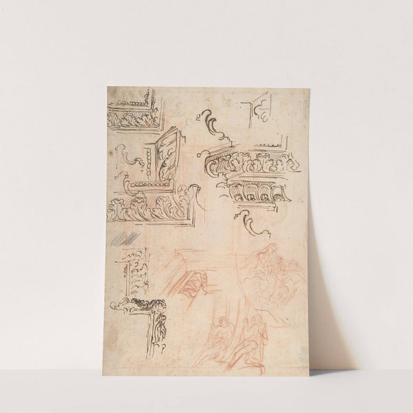 Studies of Architectural Moldings, of the Virgin and Child with a Kneeling Saint, and of Two Angels Supporting Frames by Baldassarre Franceschini