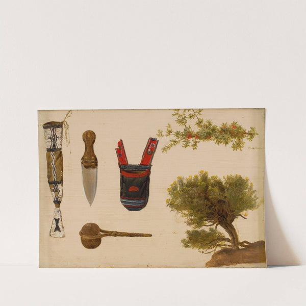 Studies of Beaded Scabbard and Knife, Decorated Pouch, Stone Axe, Branch of Bull Berry, and Hill Sage by Charles Ferdinand Wimar
