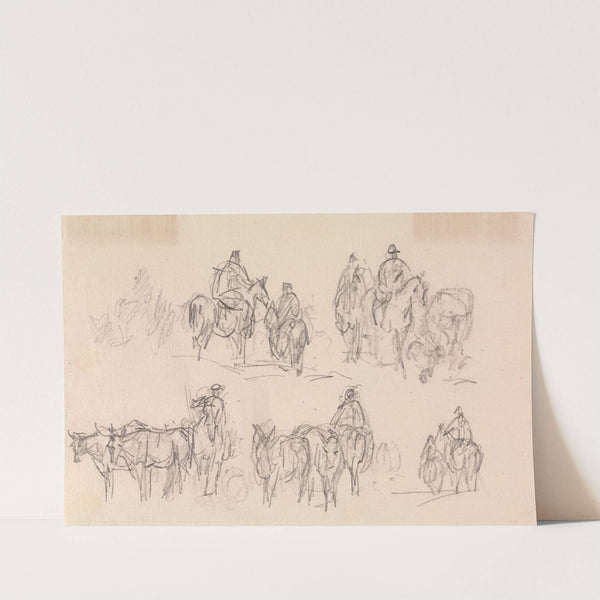 Studies of figures on horses, cattle at lower left by Sawrey Gilpin
