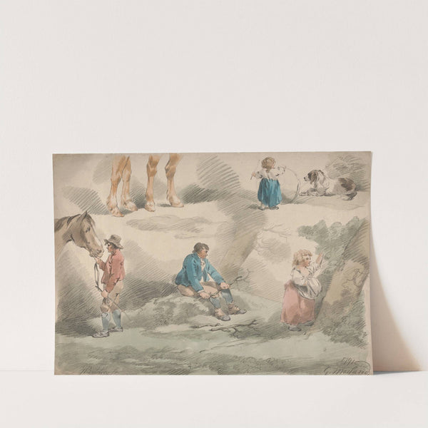 Studies of Girls, one Playing with Hoop, one Picking Berries, Man and Horse, etc. by George Morland