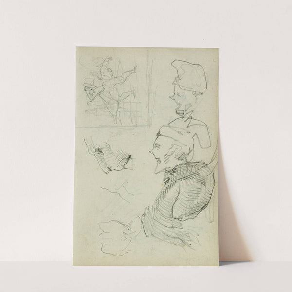 Studies of lion, compositional group figure study, two caricature head studies by Théodore Géricault