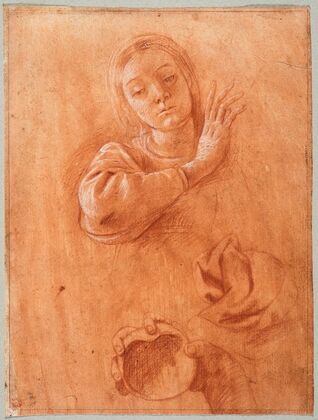Studies of the Virgin, Drapery, and the Hand of Saint John the Baptist Holding a Shell