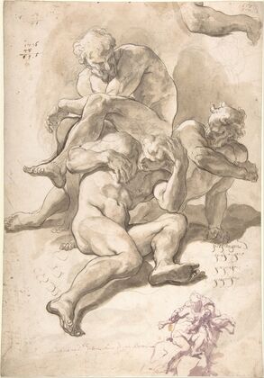 Studies of Three Naked Men, a Right Arm and a Nude Figure Supported by Another