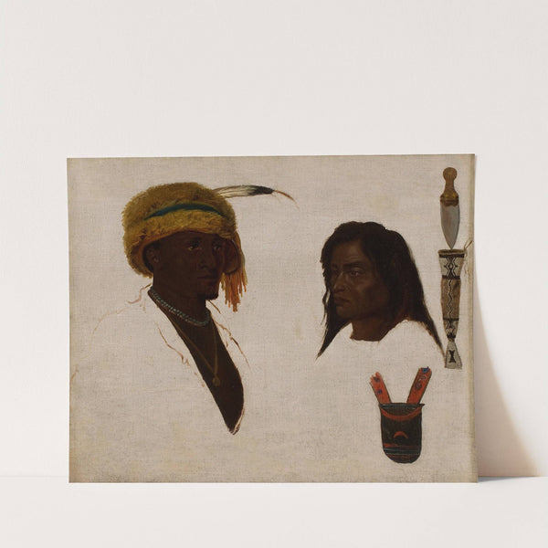 Studies of Two Native Americans, Knife, and Beaded Scabbard, Decorated Pouch (c.1858–62) by Charles Ferdinand Wimar