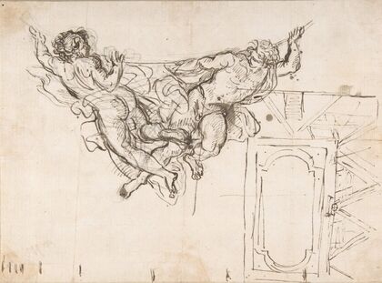 Study for Nude Male Figures Supporting a Frame and Plan of the Ceiling Decoration of Palazzo Altieri, Rome