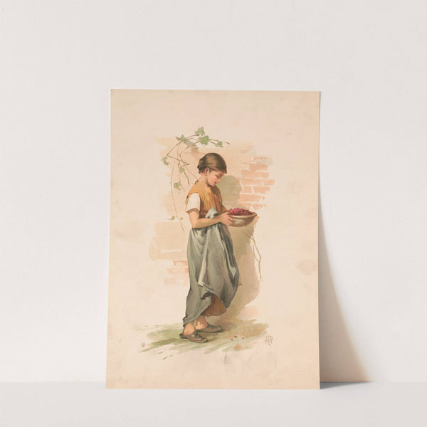 Study. Girl carrying dish of berries (1886) by Louis Prang & Co.