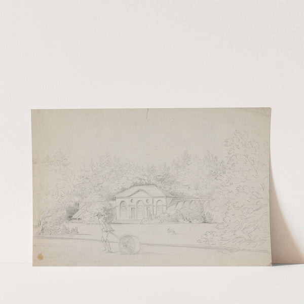 Study of a Cottage and a Man Rolling the Lawn by Rev. William Warren Porter