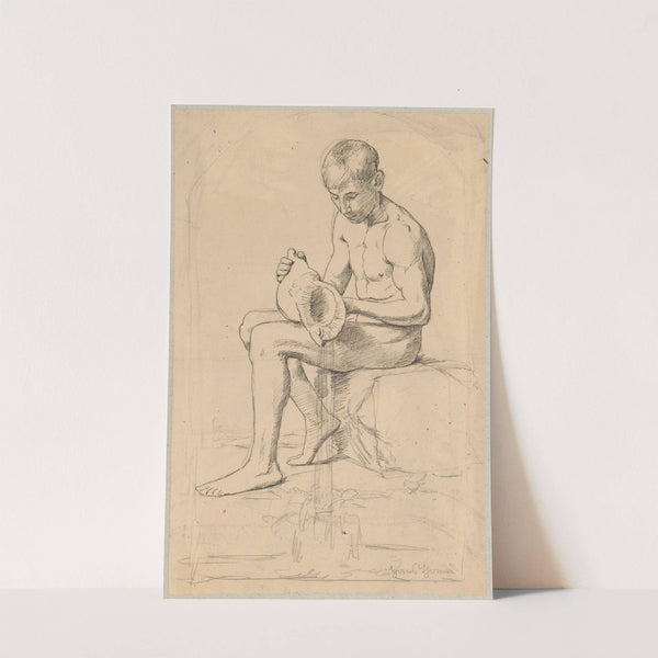 Study of a naked boy sitting on a stone and pouring water out of a shell (1880 - 1900) by Hans Thoma
