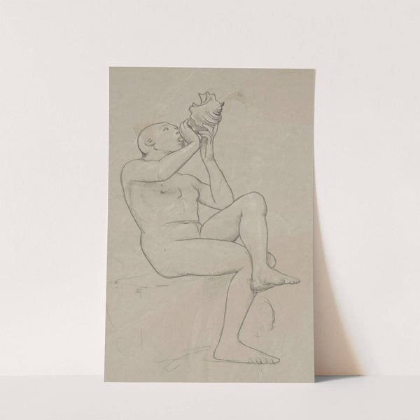 Study of a sitting naked man with his legs crossed, blowing a shell (1860 - 1924) by Hans Thoma
