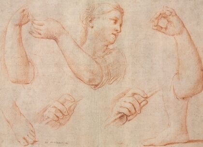 Study of a Young Woman Playing a Tambourine, and Studies of an Arm, Hands, and Feet (Studies for“Miriam Leading the Chorus of Women Who Give Thanks for the Routing of Pharoah”