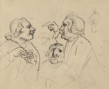 Study of men’s heads: two in foreground arguing