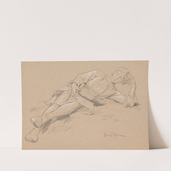 Study of the figure of a young man in a robe to his knees, lying on his left side, resting his head on his left hand (1860 - 1924) by Hans Thoma