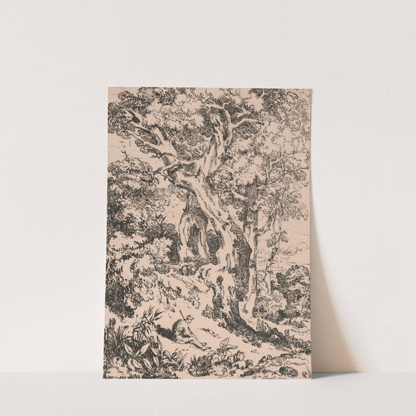 Study of trees and scrubs with seated male figure by William Havell