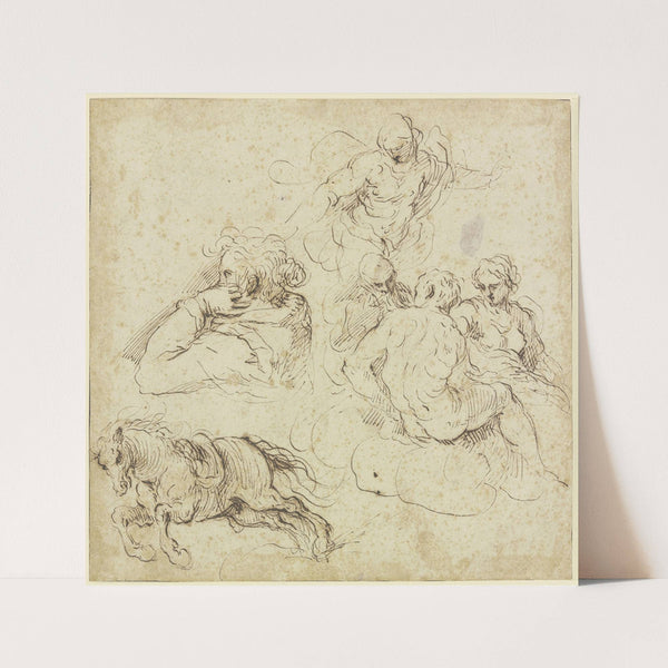 Study sheet with galloping horse, a woman in profile looking left, a group of figures on clouds and an angel by Jacopo Palma il Giovane