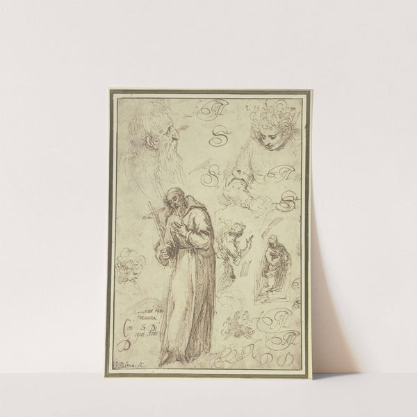 Study sheet with St Francis, an Annunciation and three studies of heads by Jacopo Palma il Giovane