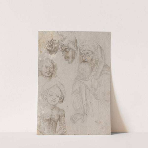 Study sheet with two half-figures and four heads by Caspar Isenmann
