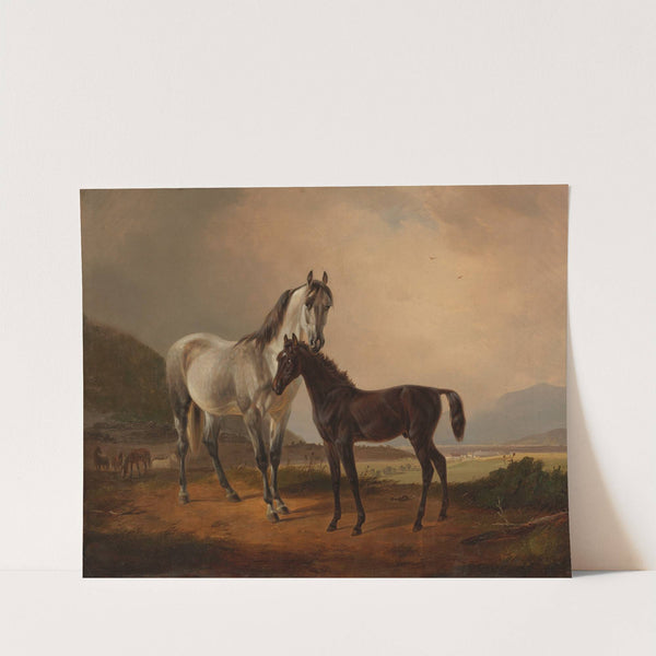 Stute mit Fohlen vor weiter Hügellandschaft by Friedrich Voltz