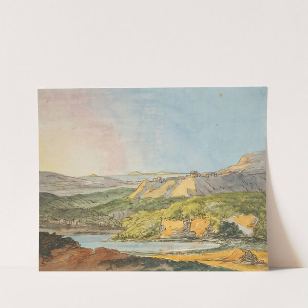 Südliche Landschaft am Meer mit bewaldeten Hügeln und einem Gewässer im Vordergrund by Johann Wolfgang Von Goethe