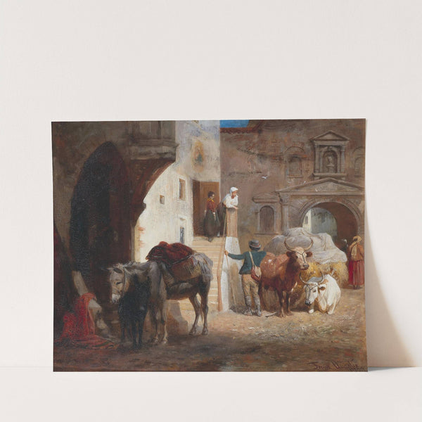 Südliche Straßenszene mit einem Maultier und einem Ochsenkarren (1869) by Franz Quaglio