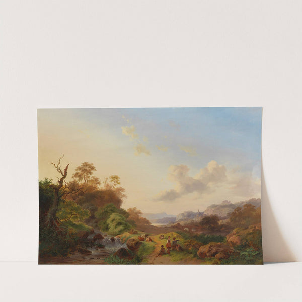 Summer landscape with figures and cattle near a waterfall (1849) by Frederik Marinus Kruseman