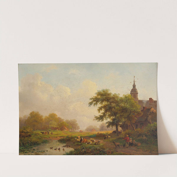 Summer Landscape With Sheperds And Cattle Near A Village by Frederik Marinus Kruseman