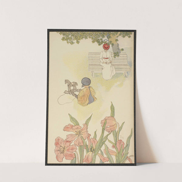 Summer motif with children playing and a woman reading by Thorolf Holmboe