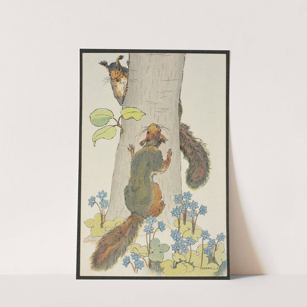 Summer motif with squirrels and blue flowers by Thorolf Holmboe