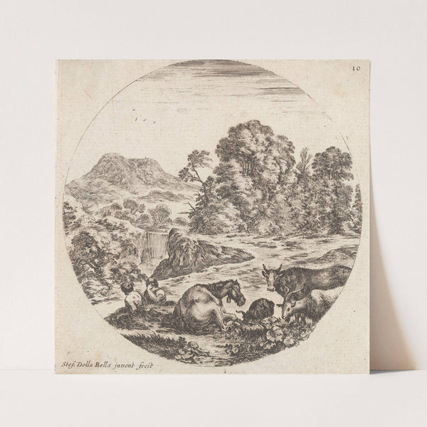 Sur le devant, un cheval couché, deux chèvres et une vache debout et deux pâtres assis (1601-1700) by Stefano Della Bella
