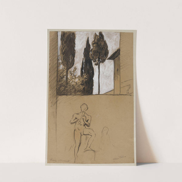 Surroundings of St Francis Monastery in Florence, Outline of a Man Playing the Pipe (1887) by Hans Thoma