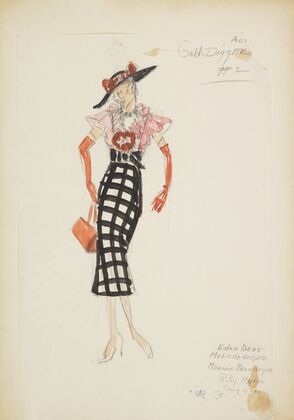 Swing It: Gold Diggers. Black & white skirt, pink blouse, orange gloves, and black hat (1934-1943)