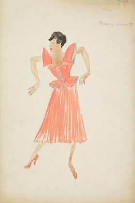 Swing It: Pink dress with tall shoulder pads and blue buttons (1934-1943)