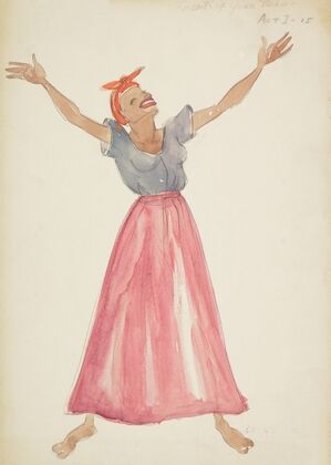 Swing It: Sweat of Your Brow. Grey blouse, pink skirt, orange head scarf (1934-1943)