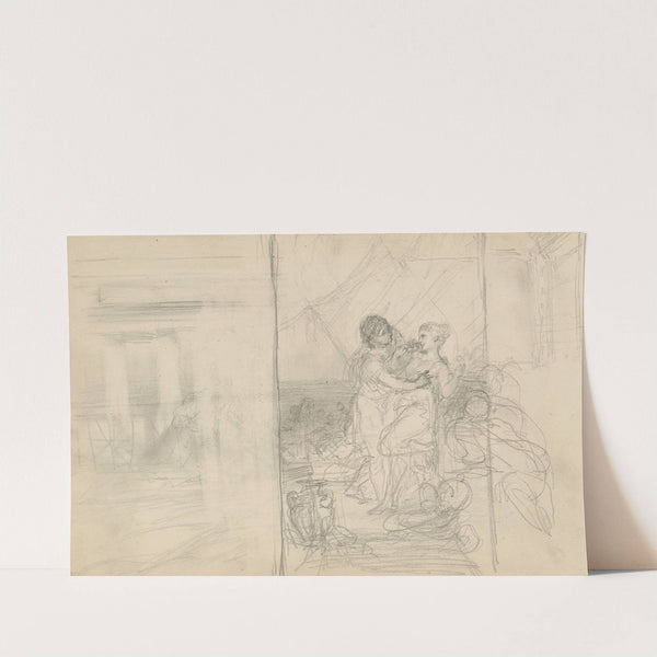 szkic obejmującej się pary stojącej na tarasie, zarys fragmentu budowli z kolumnami by Henryk Siemiradzki