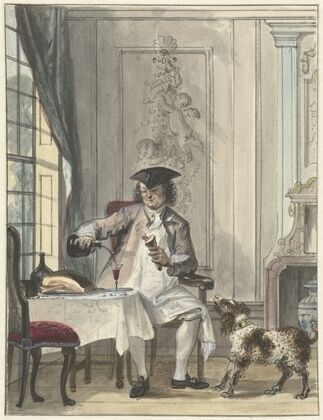 Tafelende man met een glas wijn een een kluif