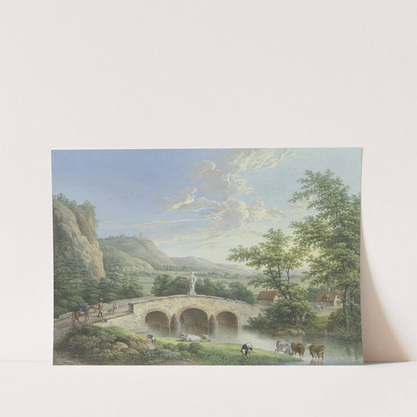 Tallandschaft mit einer steinernen Brücke, auf deren Brüstung eine antike Skulptur aufgestellt ist by Johann Georg Pforr