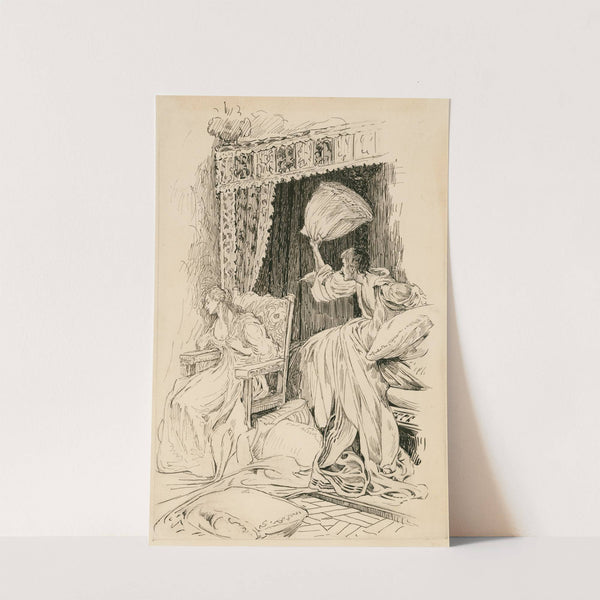 Taming of the Shrew, throwing the pillows & bedclothes about the room, so that she was forced to sit down in a chair (1917-1918) by Louis Rhead