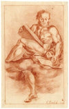 Tekening van naakte man in de wolken met boek en kaars