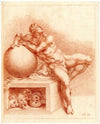 Tekening van zittende man met bol en maskers, de Droom