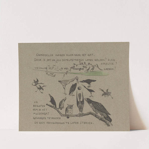 Tekstblad met diverse vogelsoorten bij het muizenhol waarin de winterkoning verdween by Theo van Hoytema