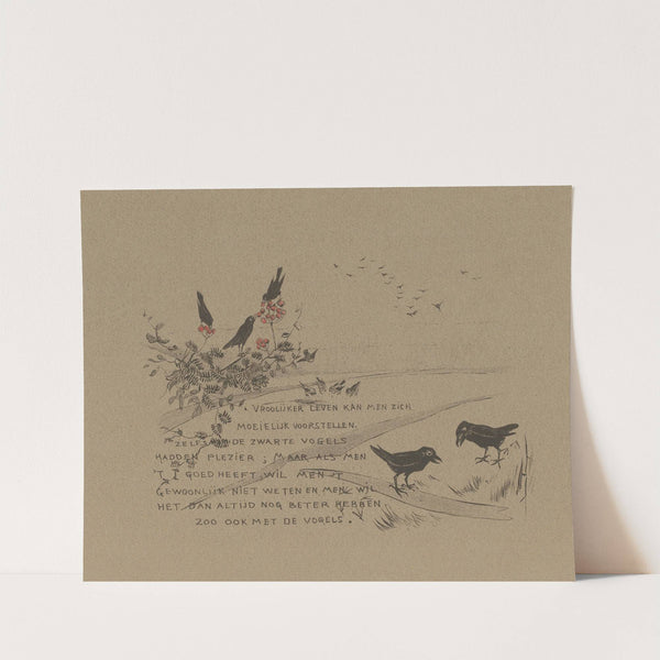 Tekstblad met kraaien die rode bessen eten by Theo van Hoytema