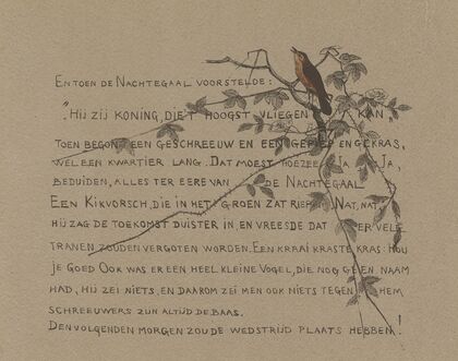 Tekstblad met nachtegaal op een tak.