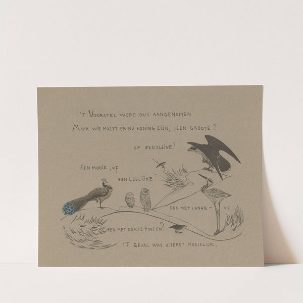 Tekstblad met onder andere pauw, uilen, reiger en roofvogel by Theo van Hoytema